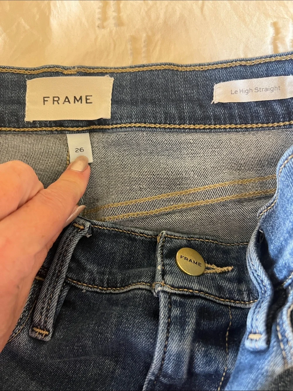 Frame Denim Jeans Le High Straight-Leg Knee Distress Blue 26 Ankle Fray Hem